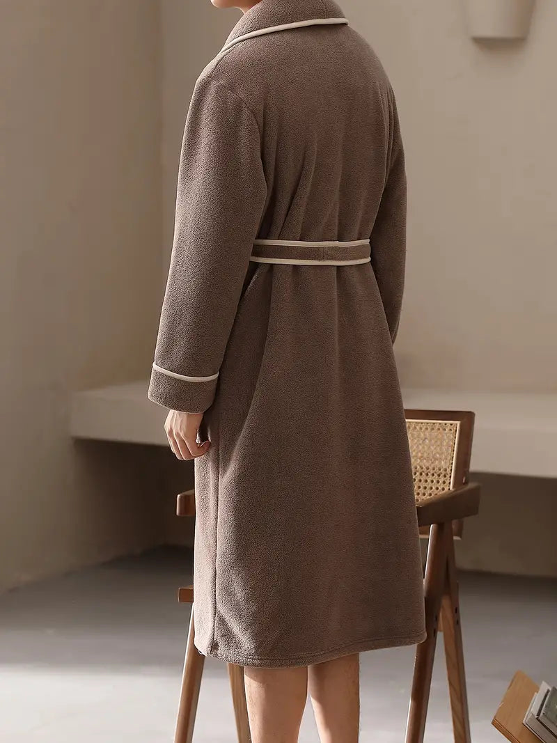Men's long brown fleece bathrobe, premium