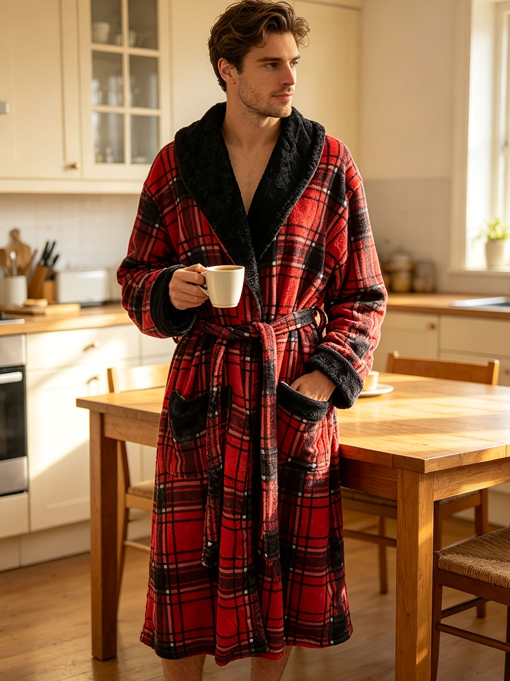 Men's red plaid coral fleece dressing gown