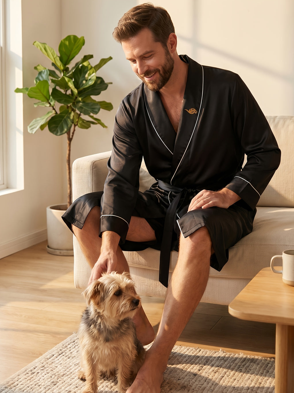 Men's embroidered satin dressing gown and shorts set