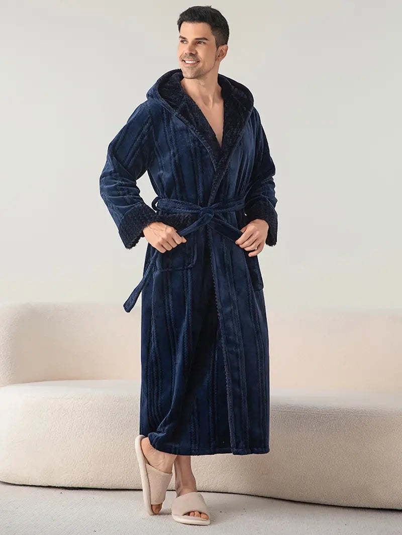 Long hooded fleece bathrobe — Navy