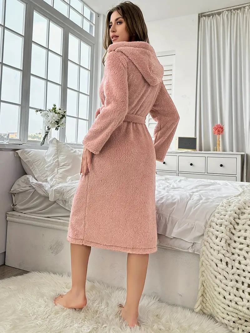 Women's long pink hooded cotton bathrobe