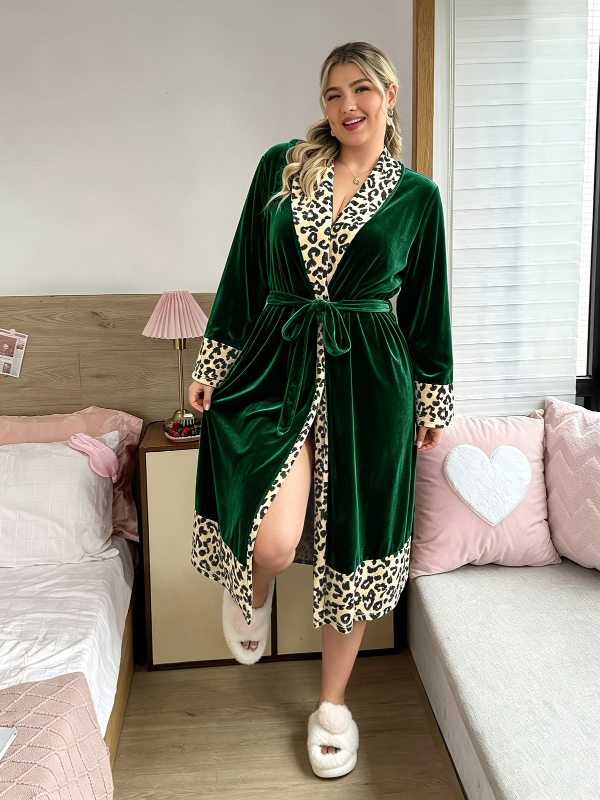 Women's plus size leopard print velvet dressing gown