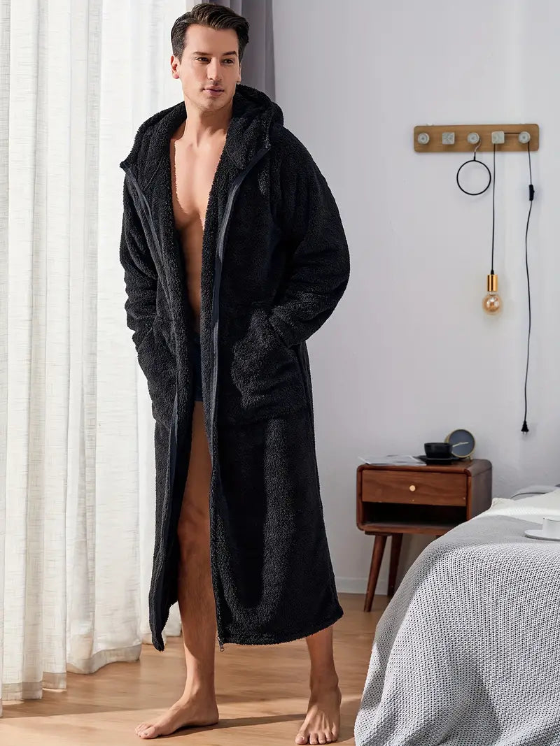 Men's long hooded towelling bathrobe
