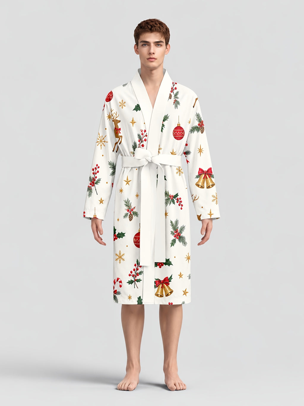 Men's cream Christmas bauble print dressing gown