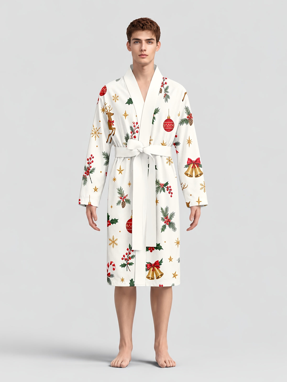 Men's cream Christmas bauble print dressing gown