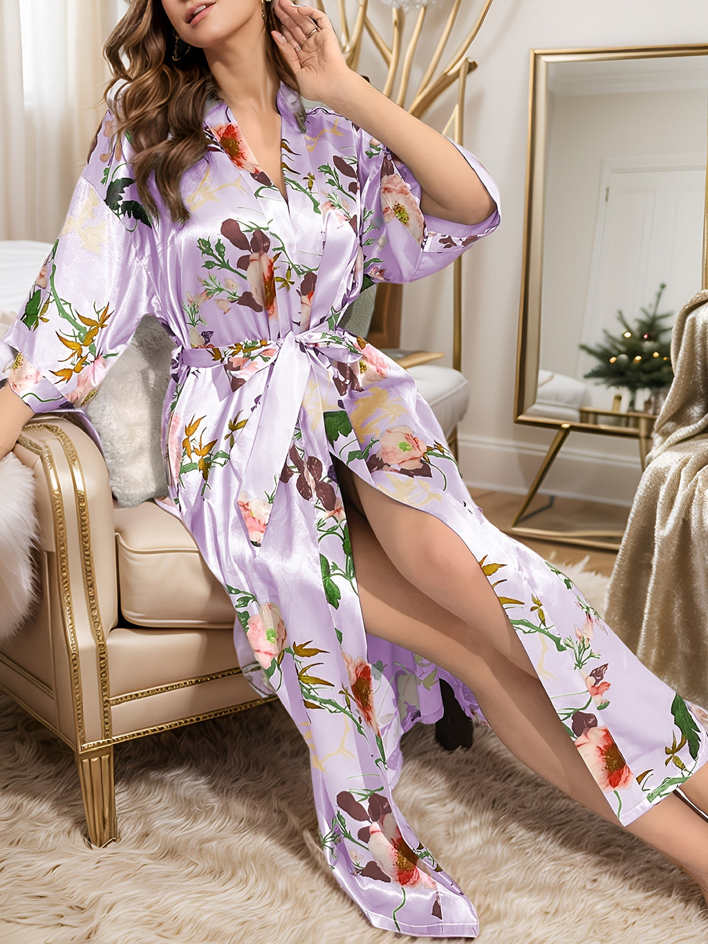 Women's floral satin maternity dressing gown