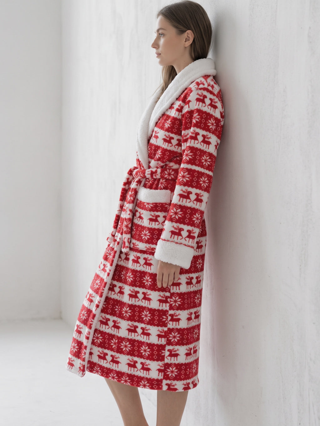 Women's red Fair Isle reindeer print fleece dressing gown