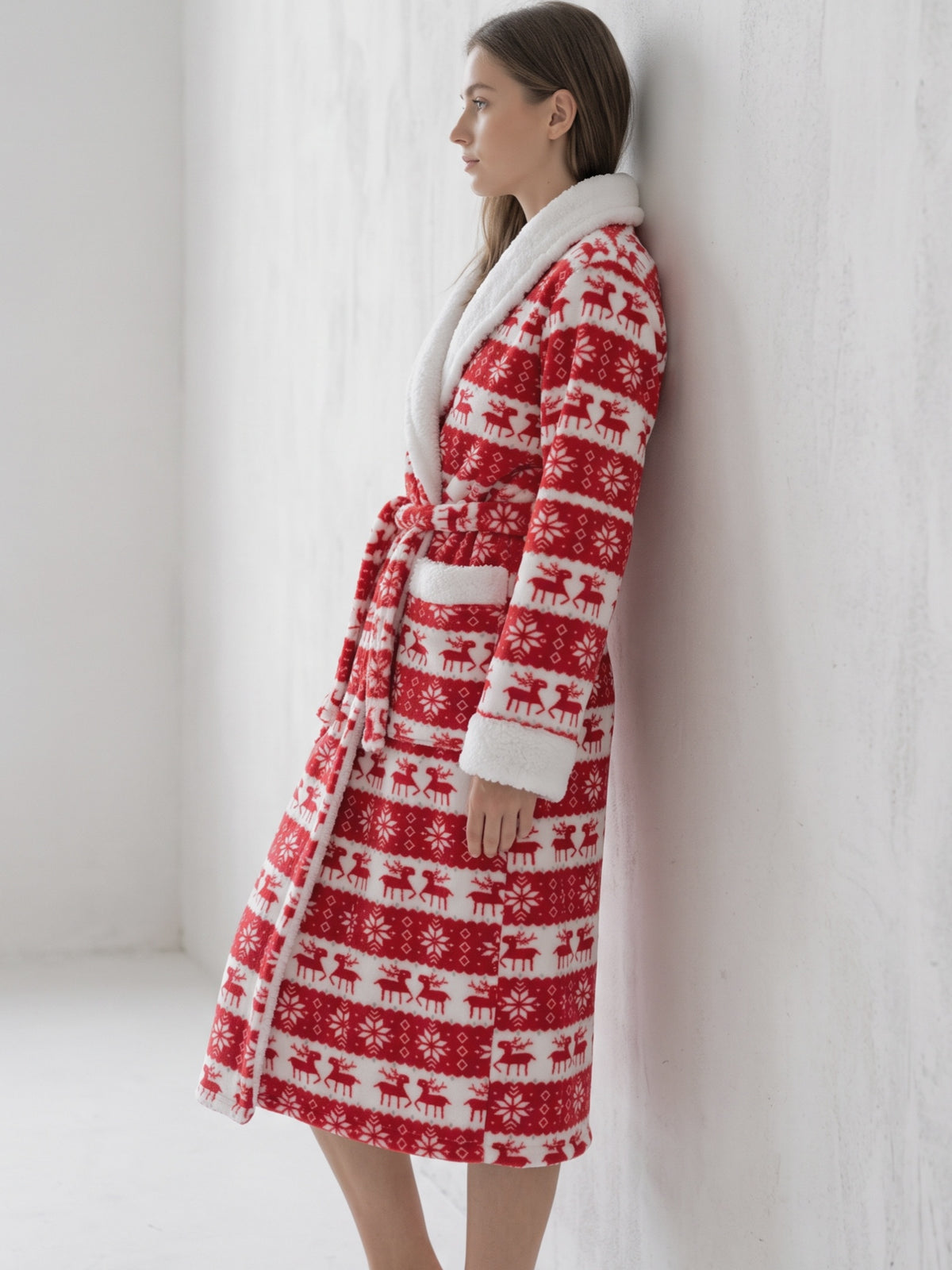 Women's red Fair Isle reindeer print fleece dressing gown
