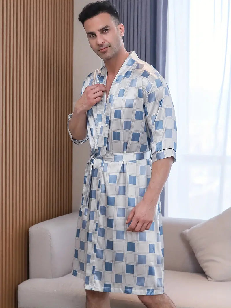 Men's short white checked satin dressing gown