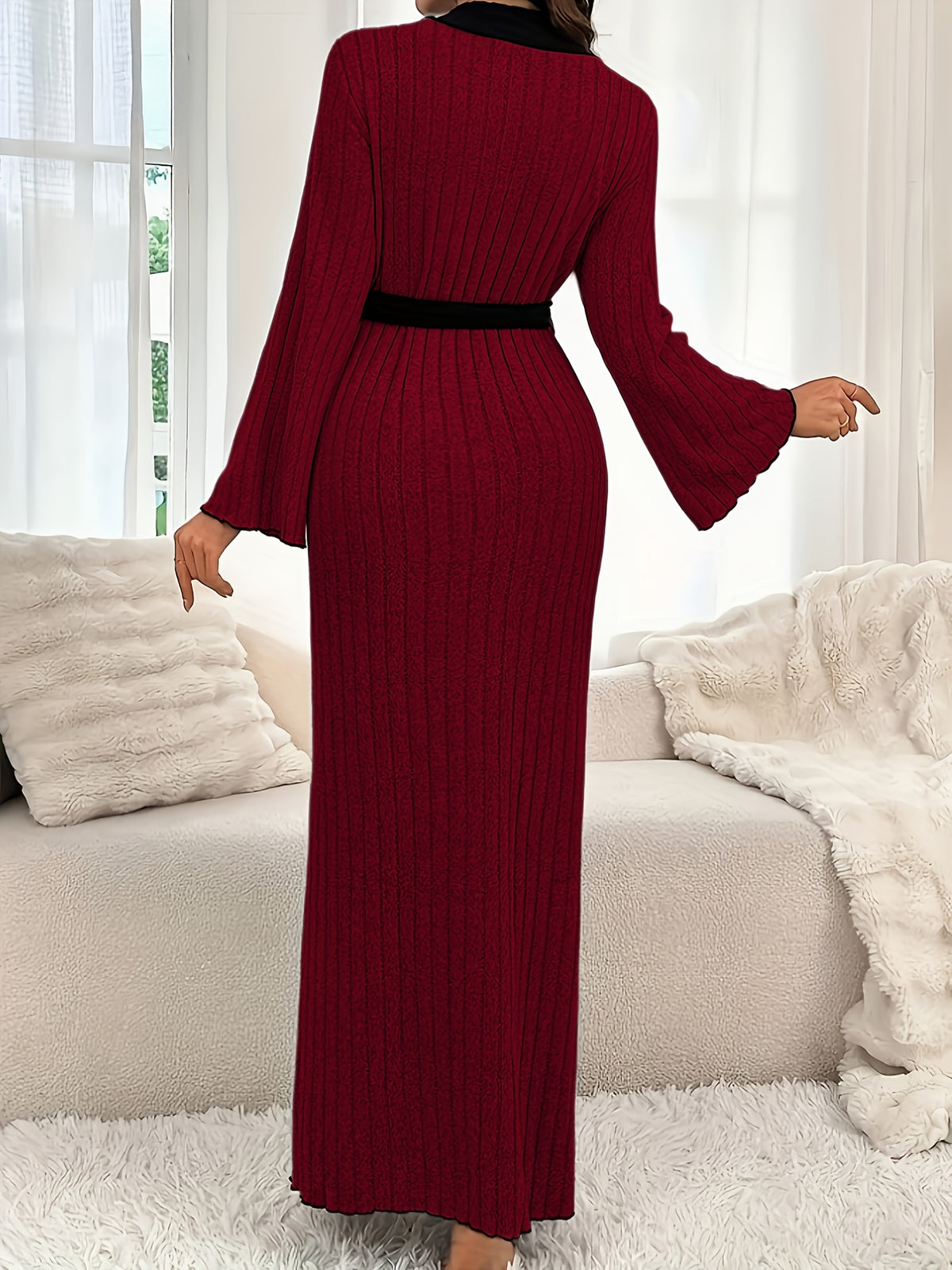 Women's ribbed dressing gown with contrast trim