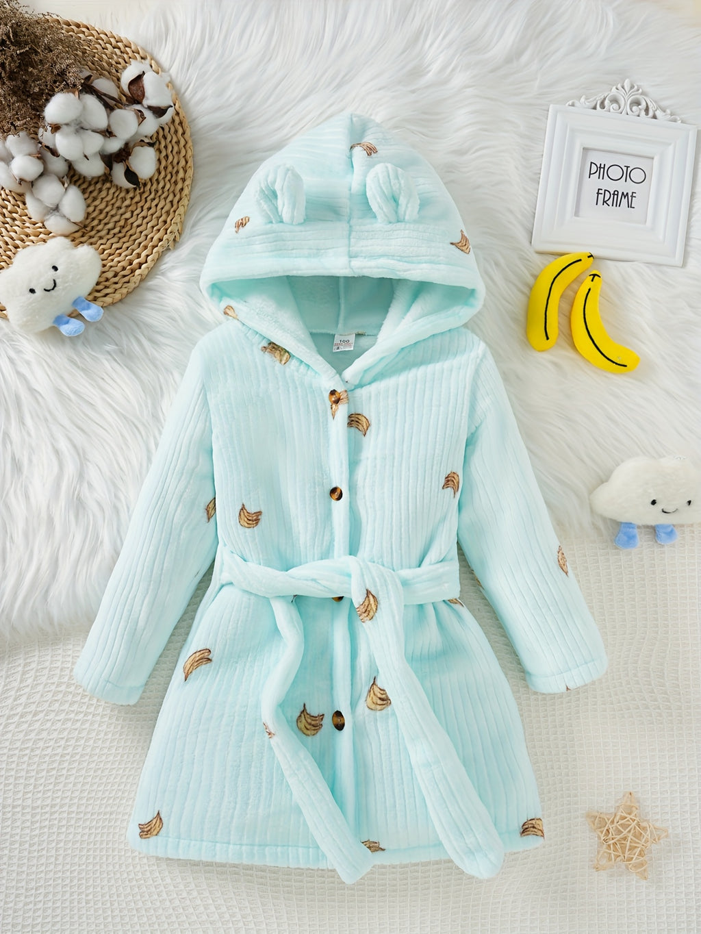 Girls' blue hooded flannel dressing gown