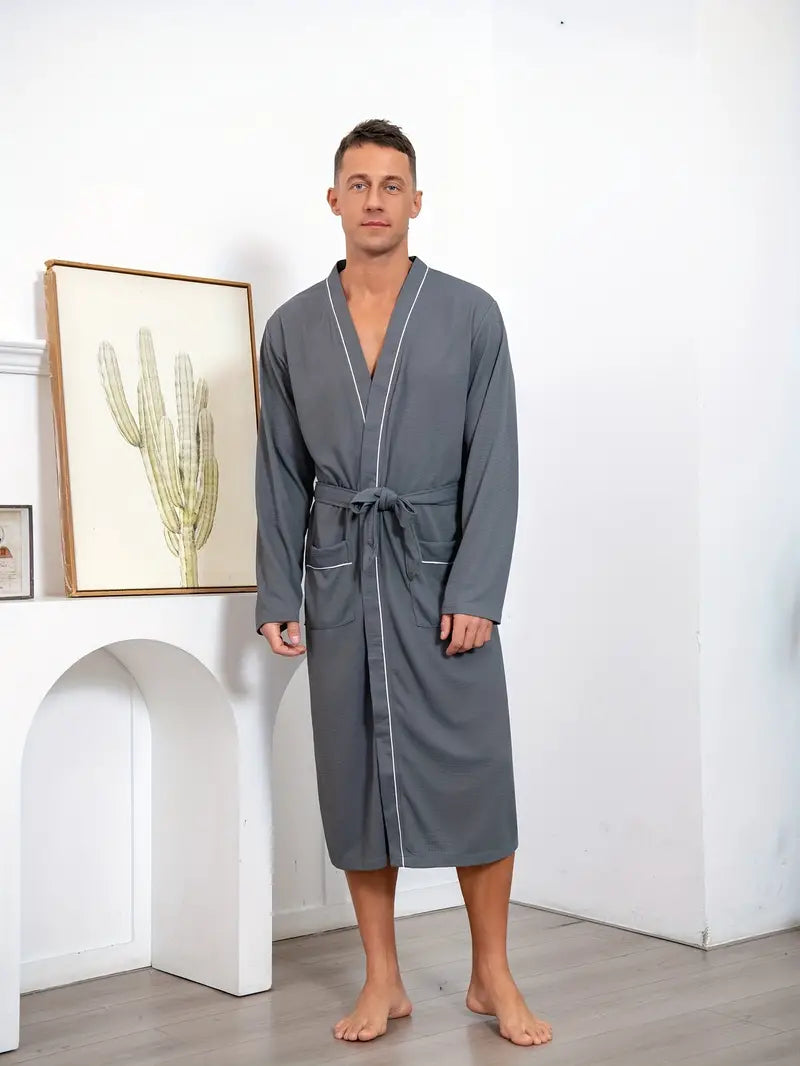 Men's long bathrobe with pockets, plus size