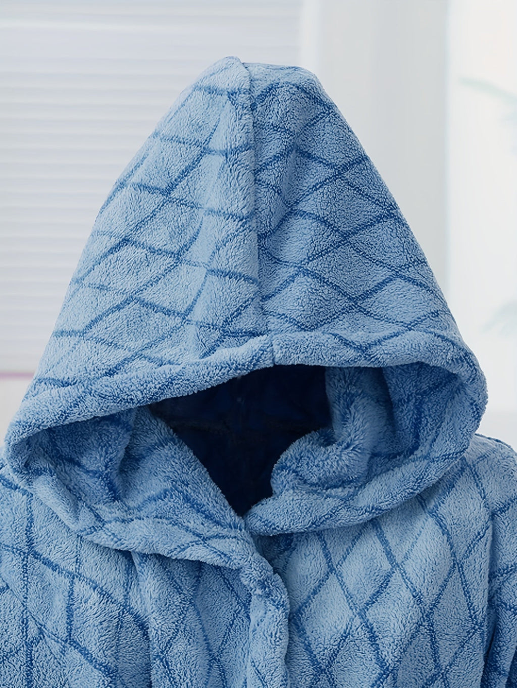 Men's blue textured hooded fleece dressing gown