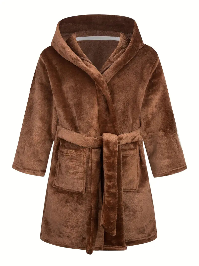 Kids' soft hooded fleece bathrobe — Brown Image