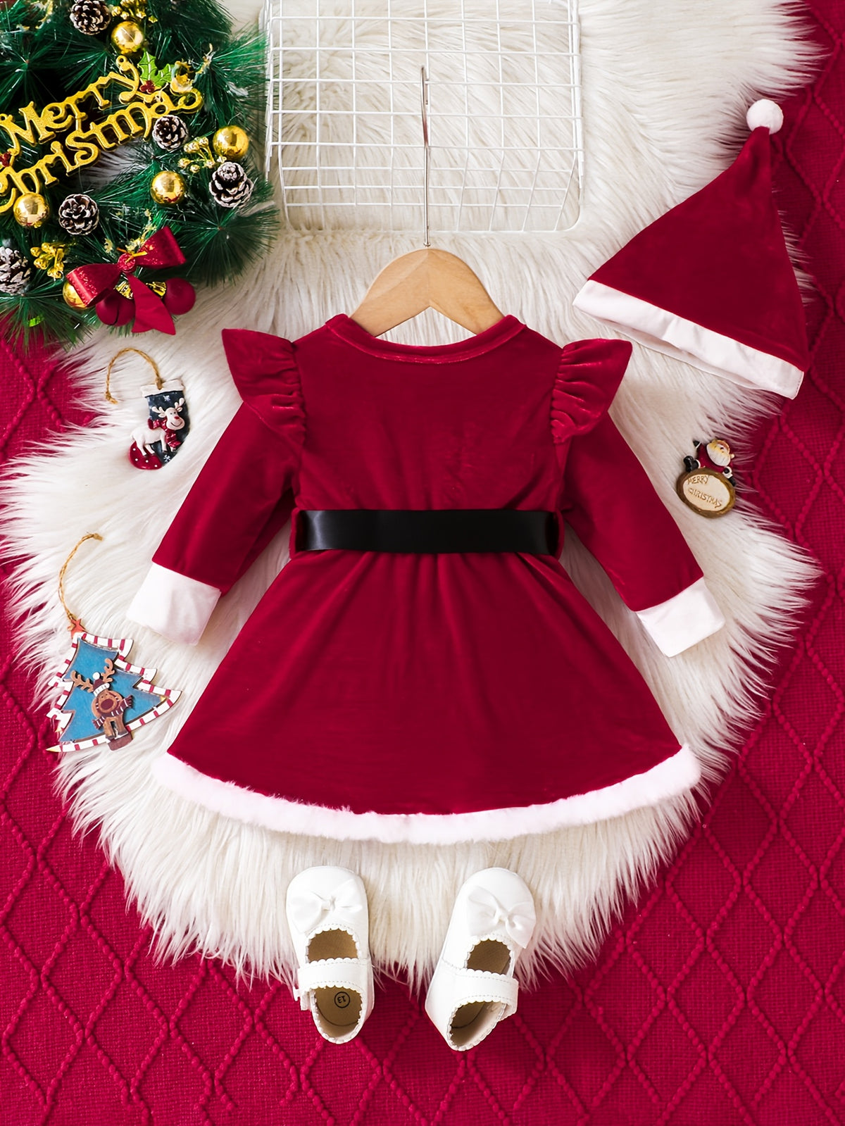 Baby red long fluffy fleece dressing gown