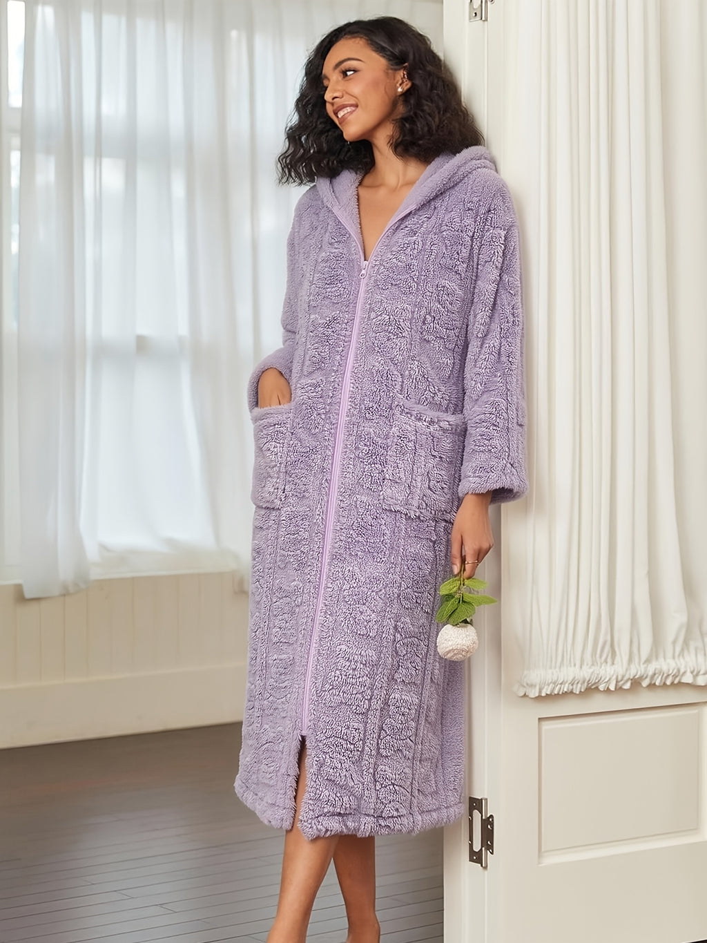 Women's heart print hooded zip-up dressing gown