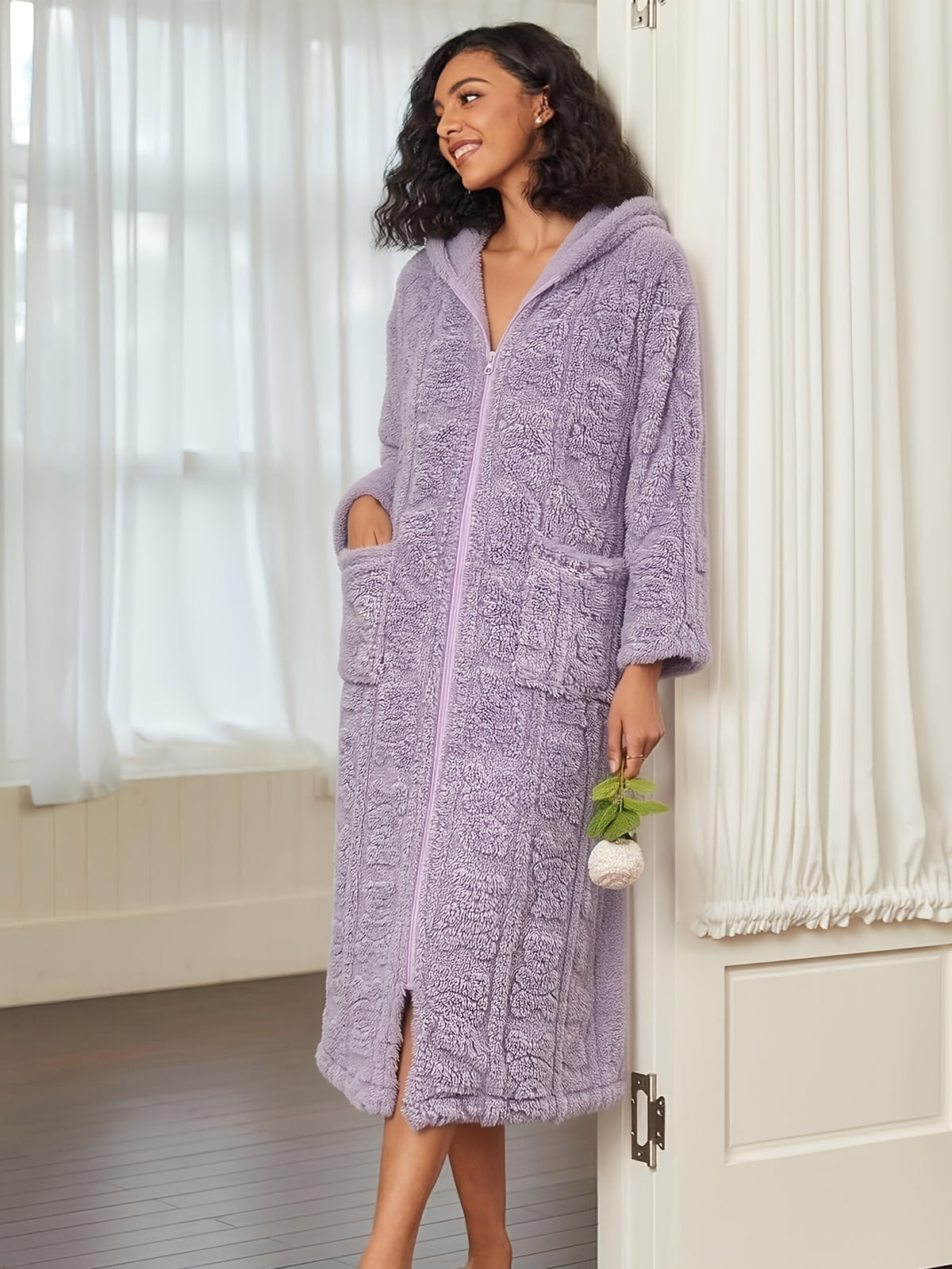 Women's heart print hooded zip-up dressing gown