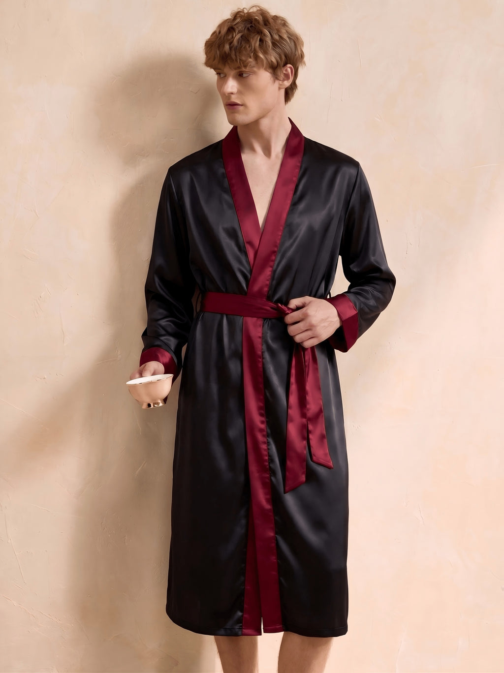 Men's black satin dressing gown with contrast trim
