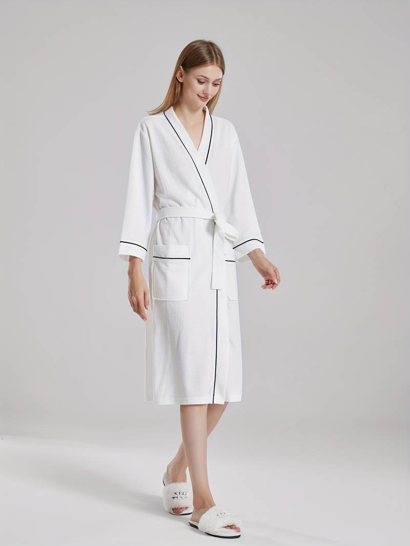 Women's long waffle cotton bathrobe