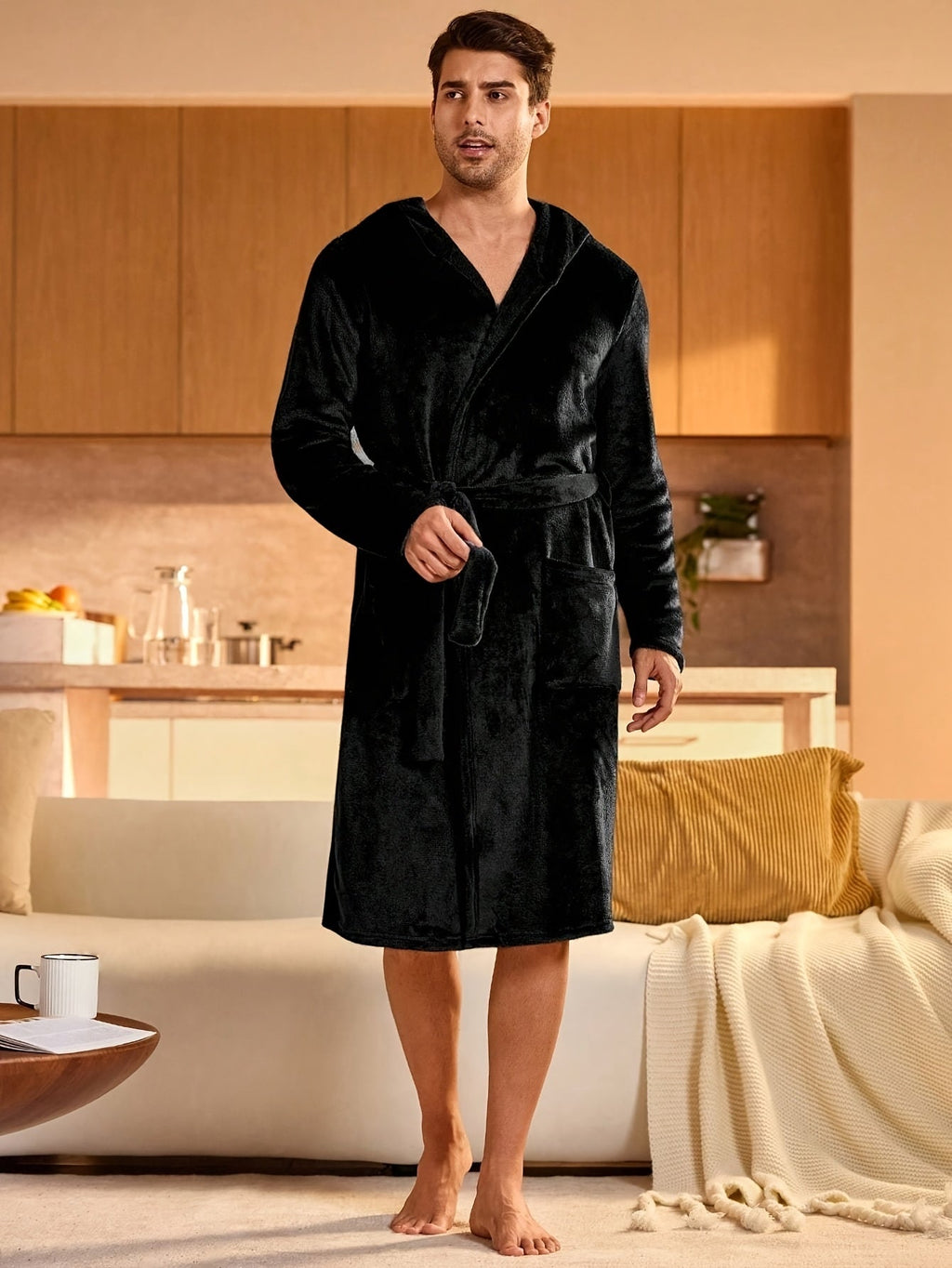 Men's black hooded fleece dressing gown