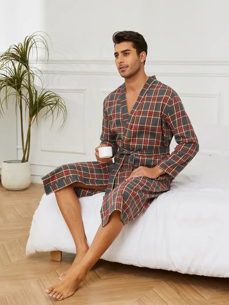Men's long checked cotton kimono robe
