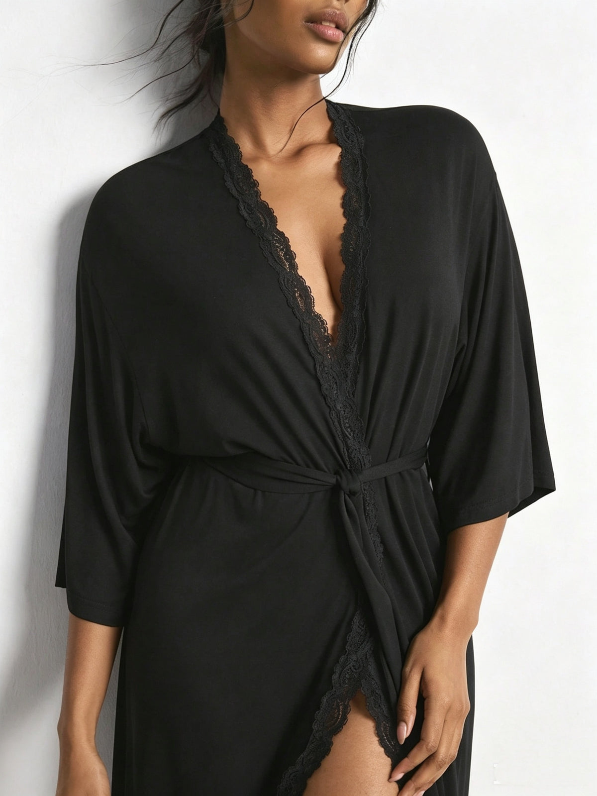 Women's black modal lace dressing gown