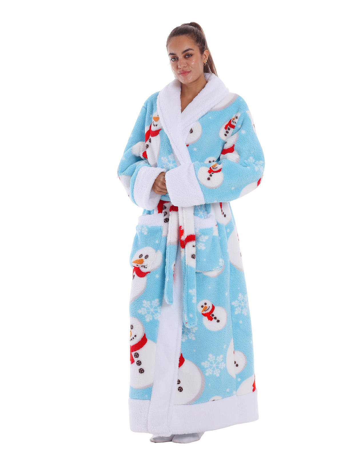 Women's blue snowman print fleece dressing gown