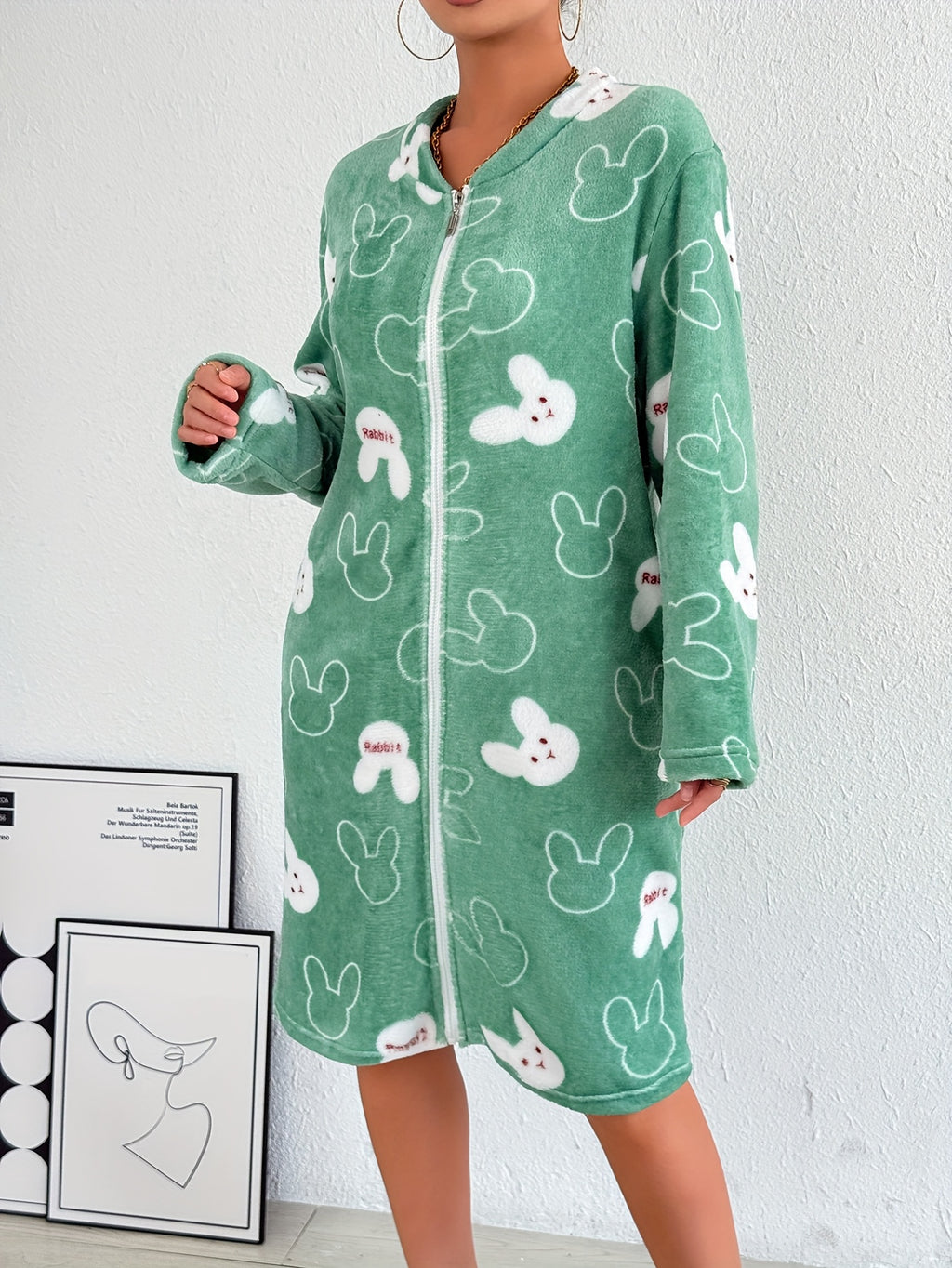 Women's pink patterned flannel zip-up dressing gown