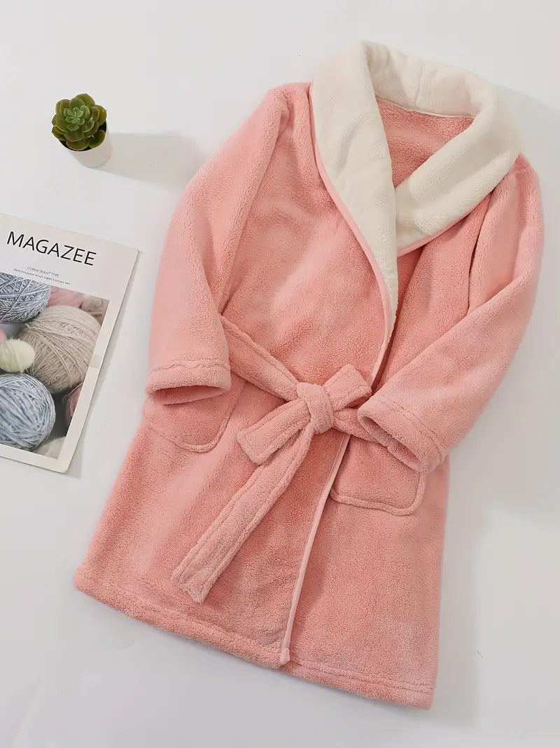 Kids' bathrobe with belt and pockets — Pink