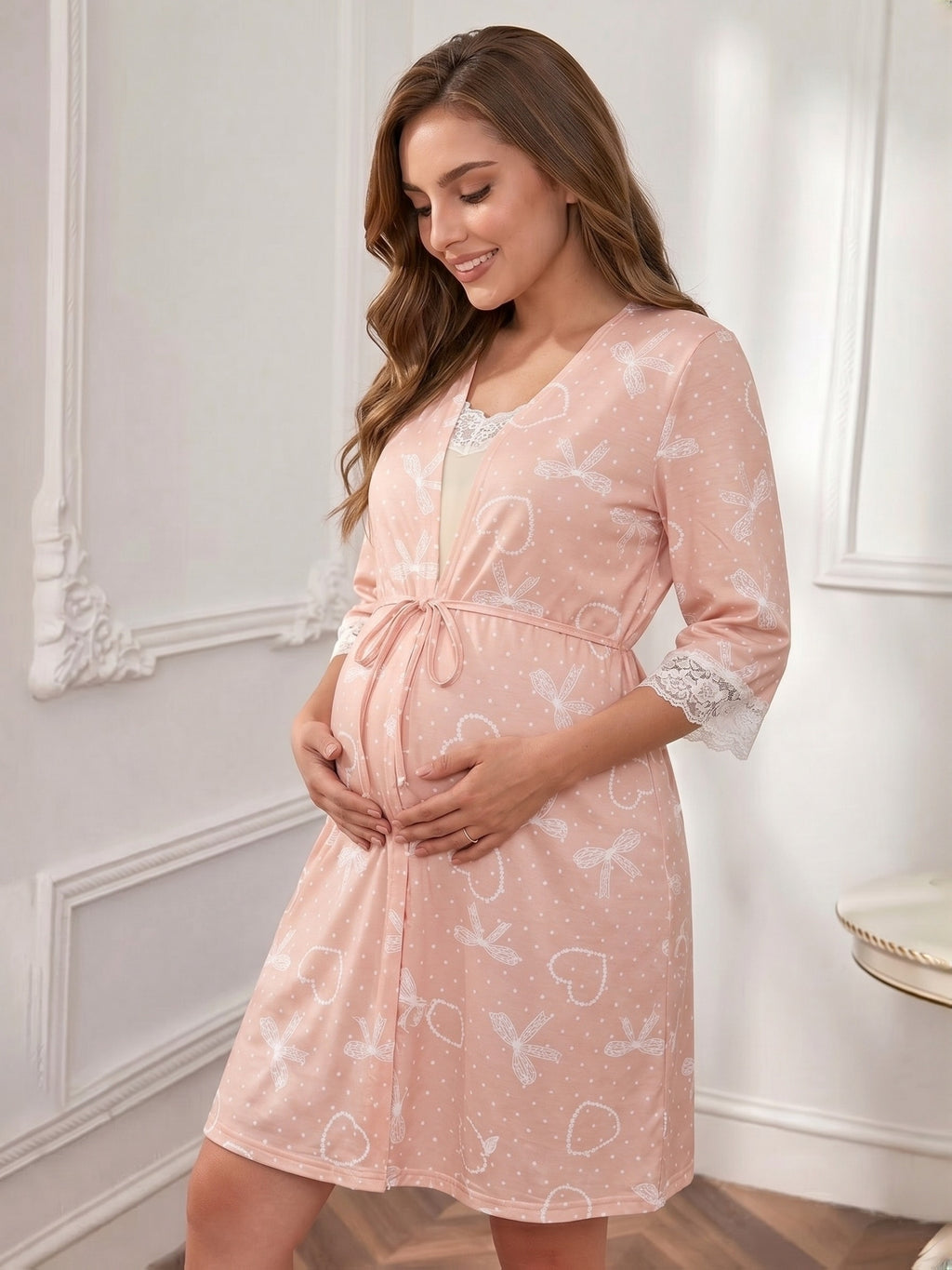 Women's maternity lace dressing gown and nightdress set