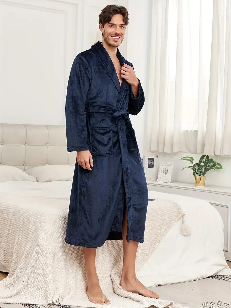 Men's long warm fleece bathrobe, plus size