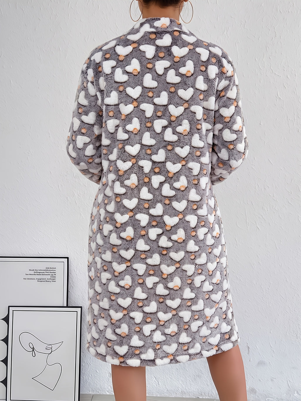 Women's heart and polka dot flannel zip-up dressing gown