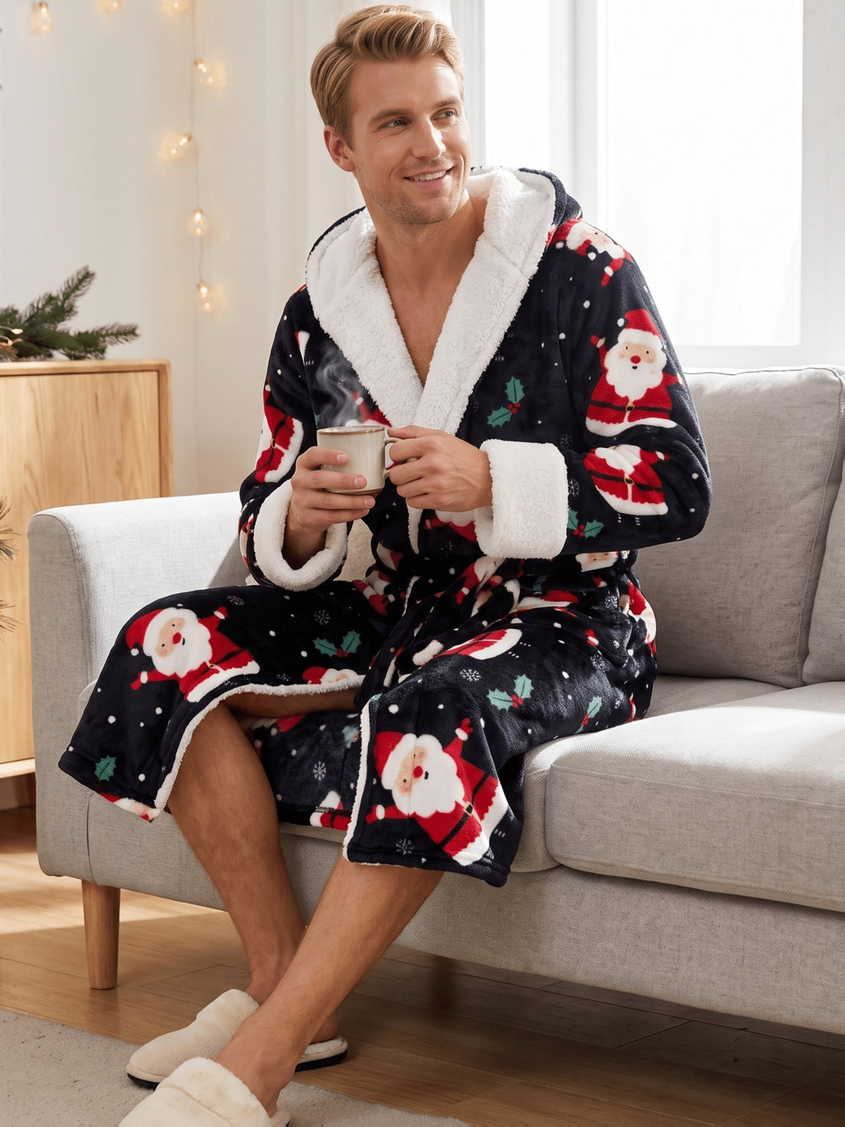 Men's navy Santa print hooded flannel dressing gown
