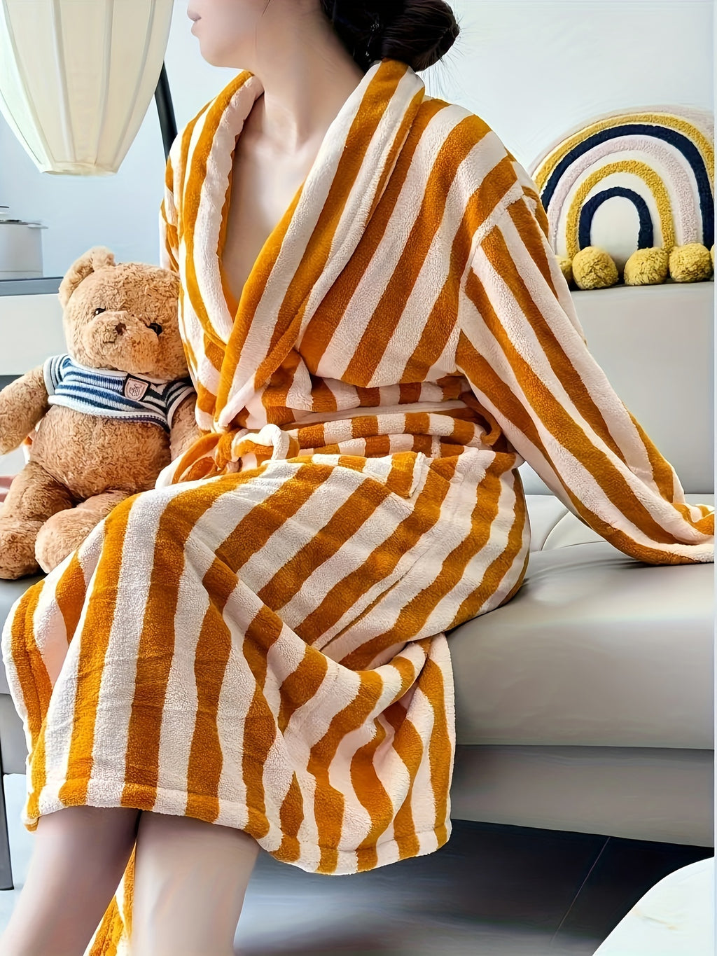 Women's green striped waffle dressing gown