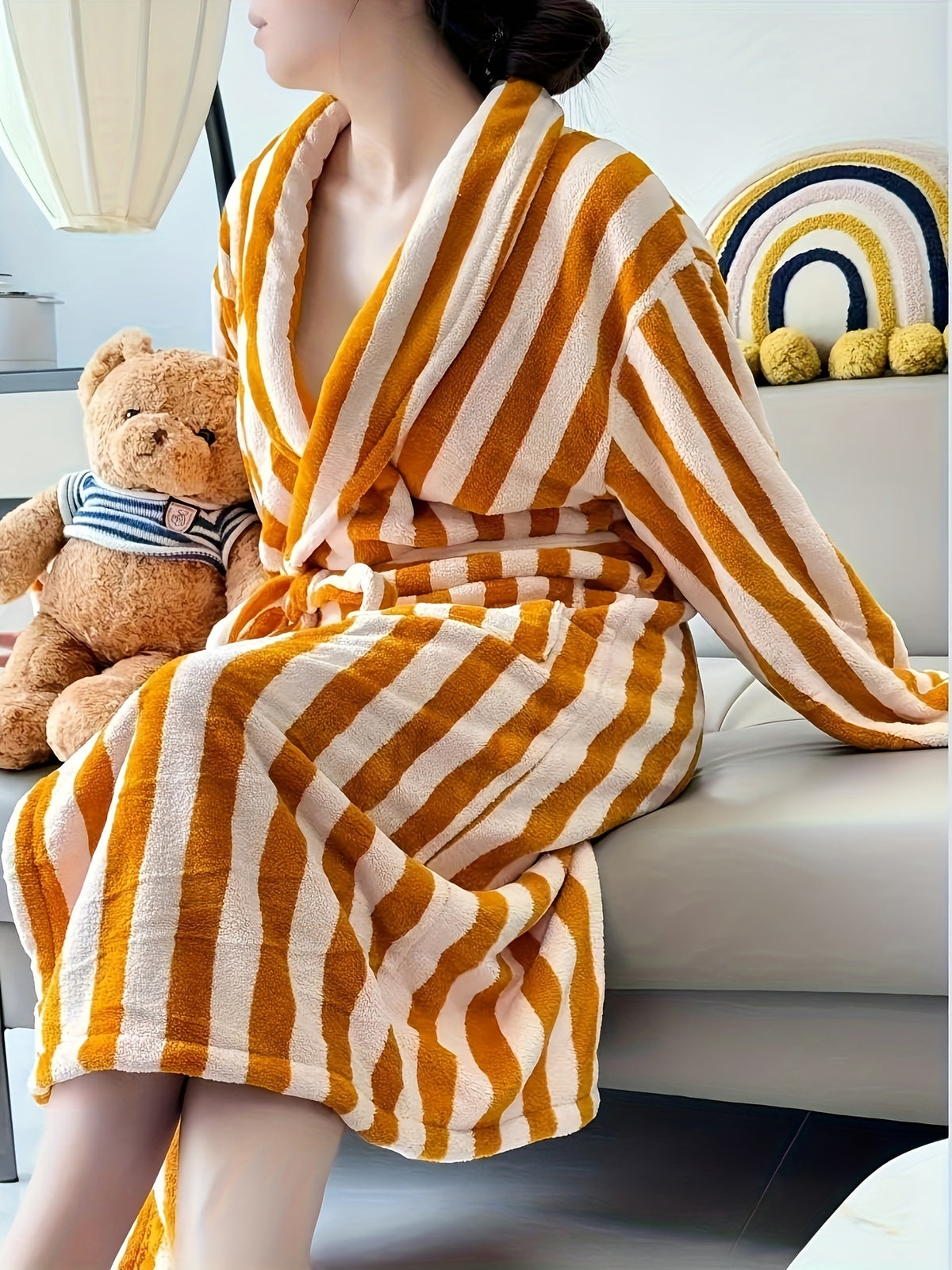Women's green striped waffle dressing gown