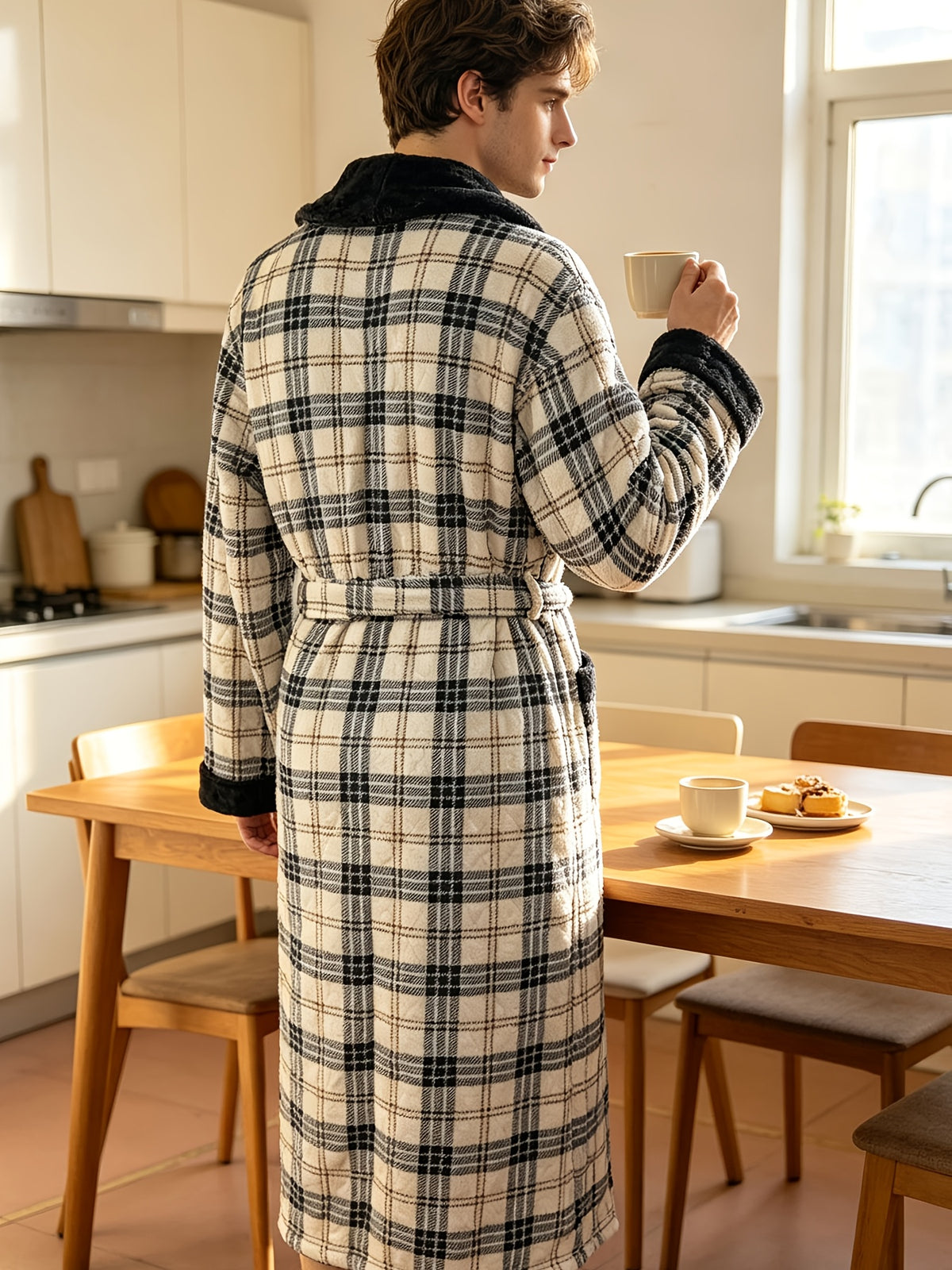 Men's red plaid coral fleece dressing gown