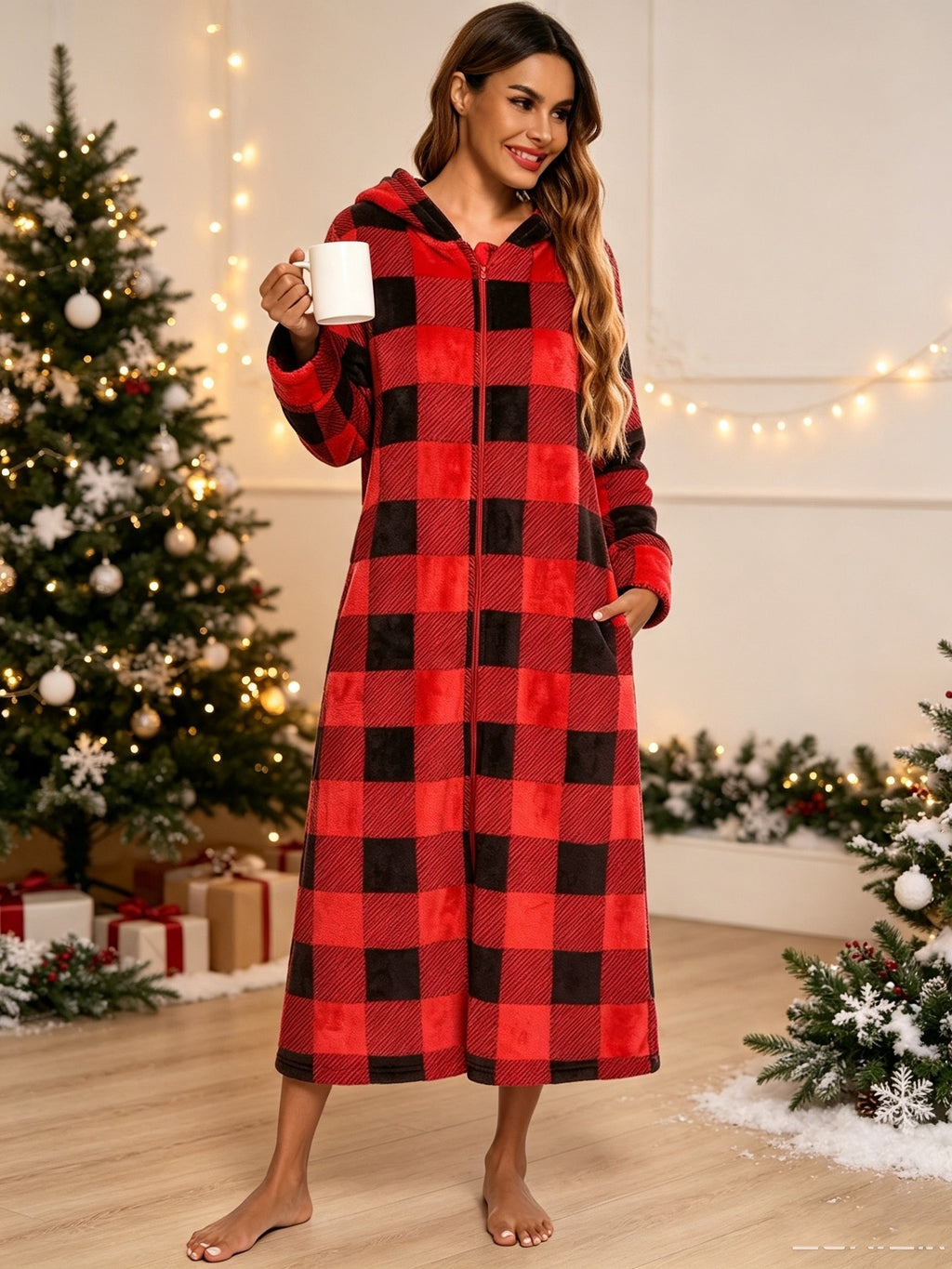 Women's Christmas flannel zip-up dressing gown