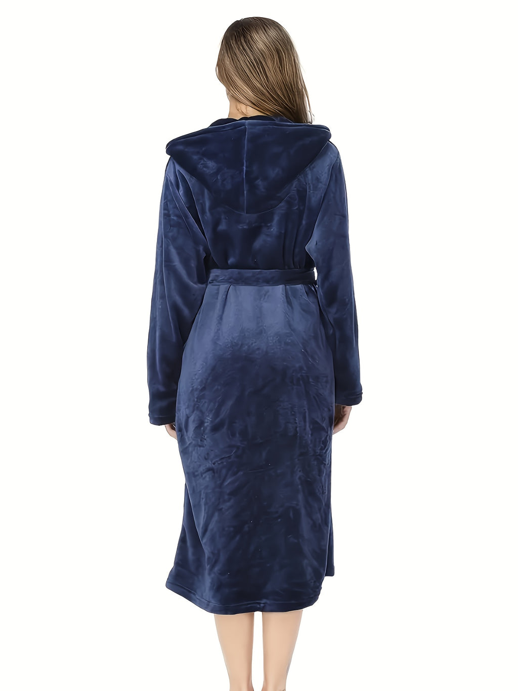 Women's long hooded flannel bathrobe