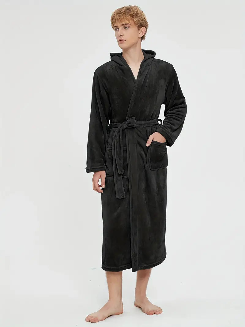 Men's hooded fleece bathrobe, charcoal — Black