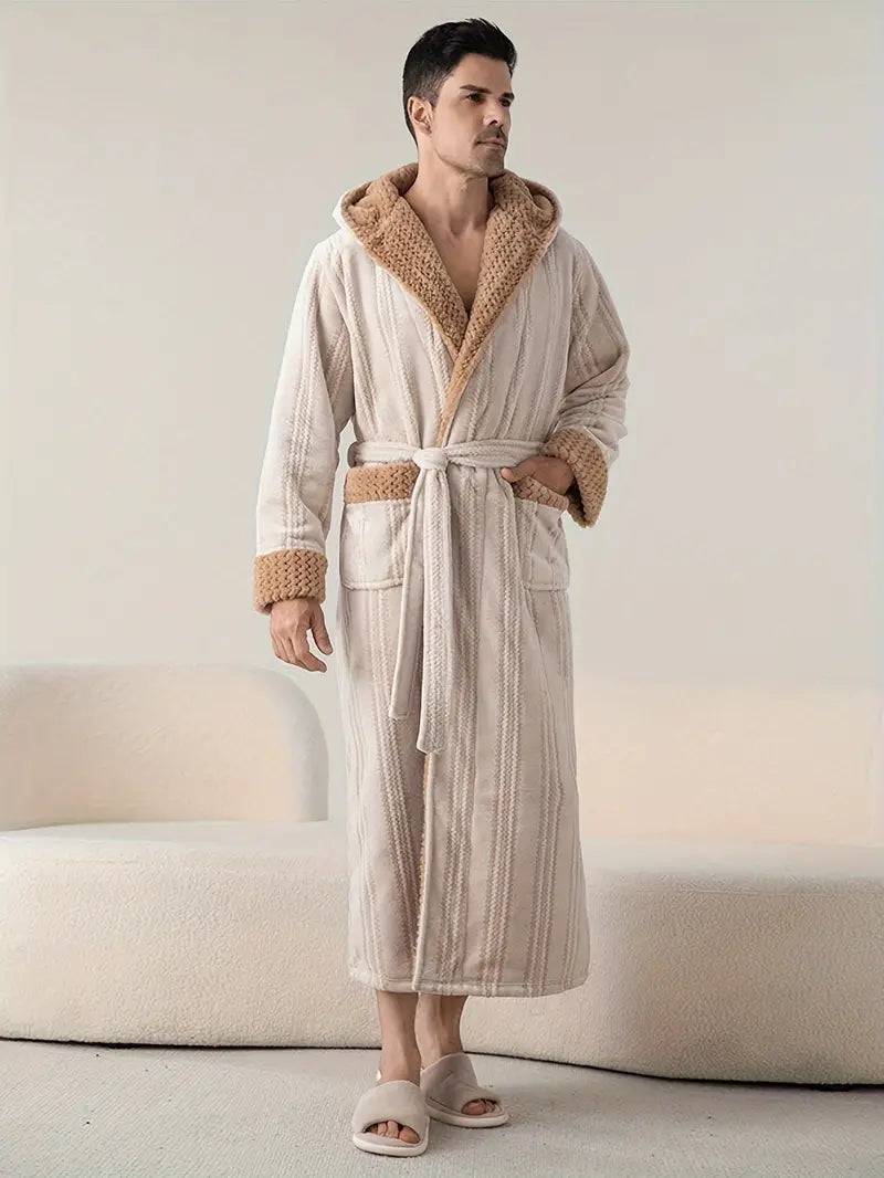 Long hooded fleece bathrobe — Beige