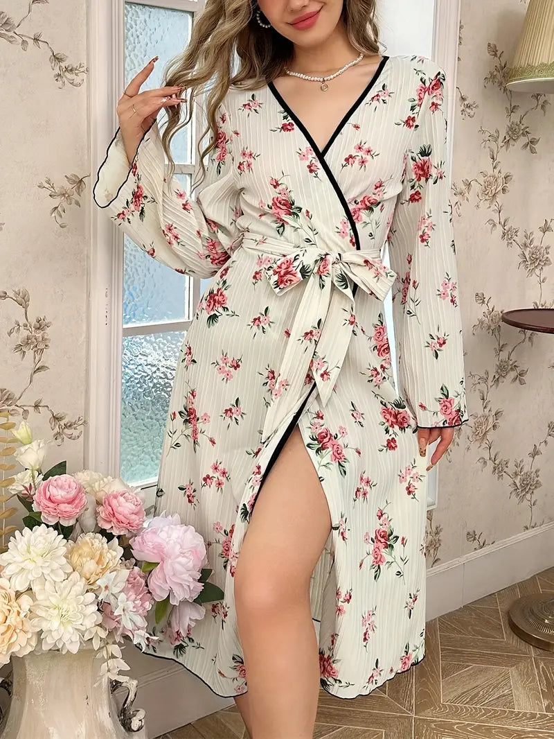 Women's floral kimono robe with trim