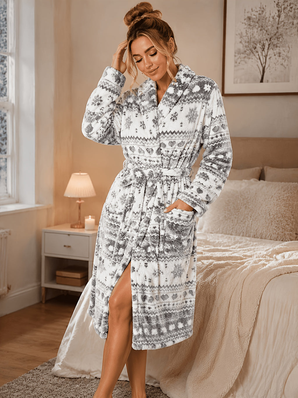 Women's grey flannel hooded dressing gown