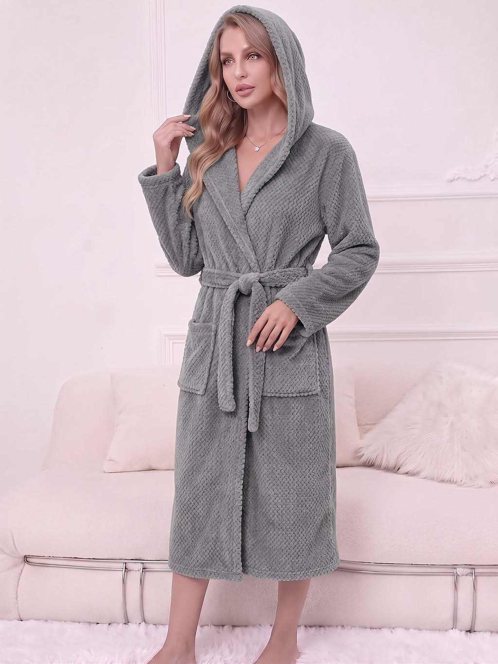 Women's long hooded tartan bathrobe
