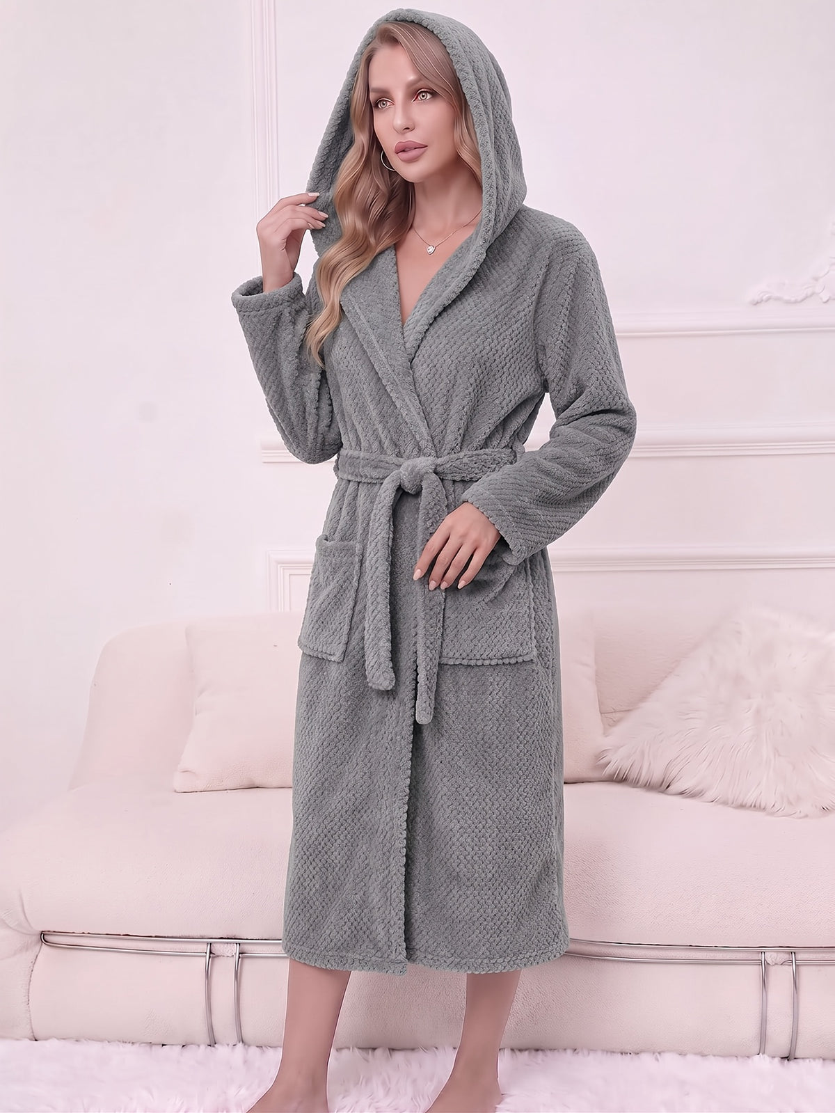 Women's long hooded tartan bathrobe