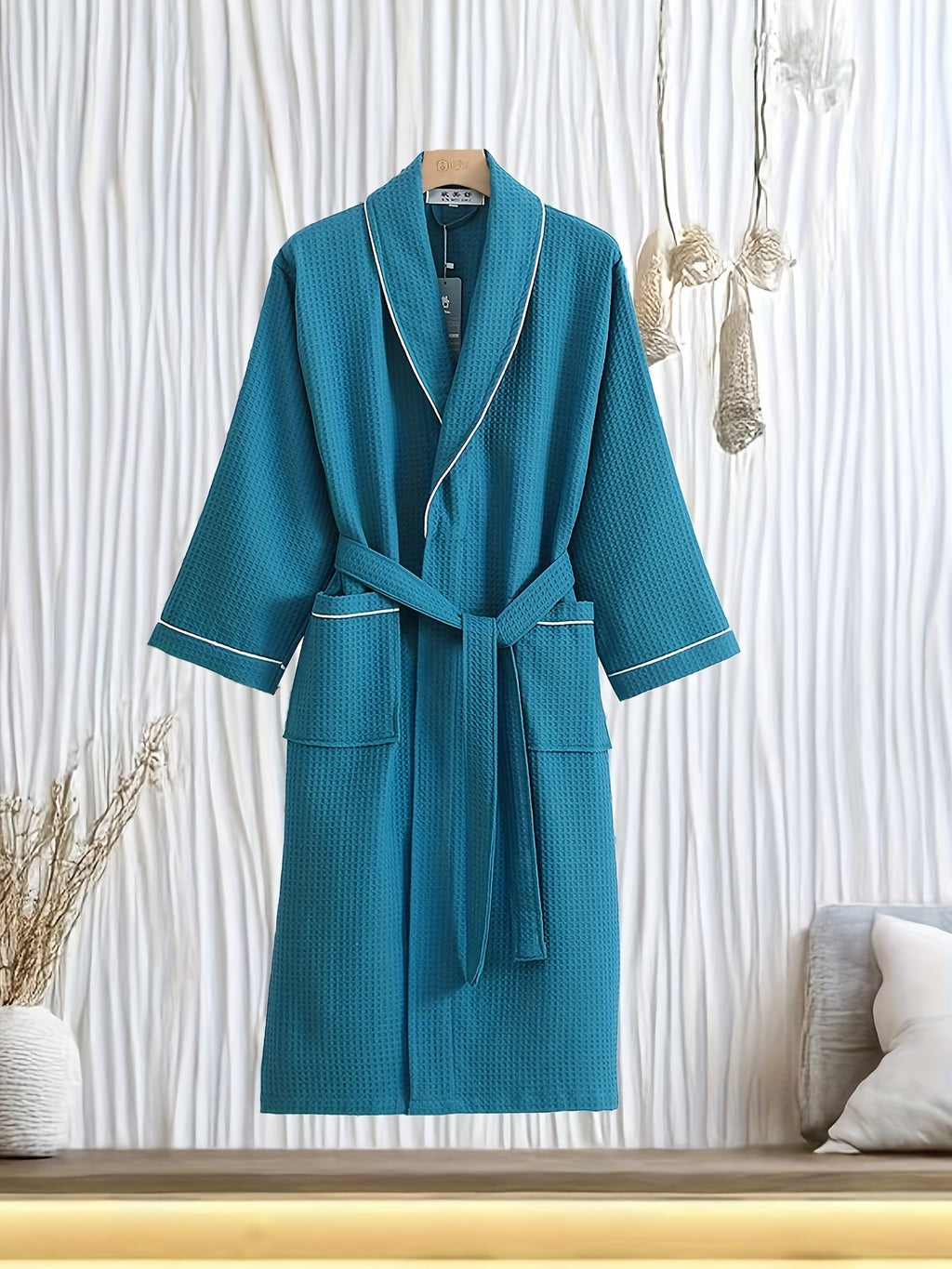 Unisex white tartan waffle bathrobe