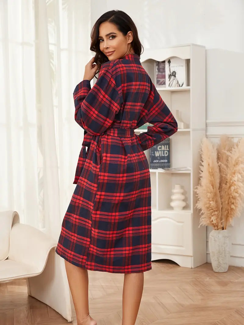 Women's long red checked towelling dressing gown