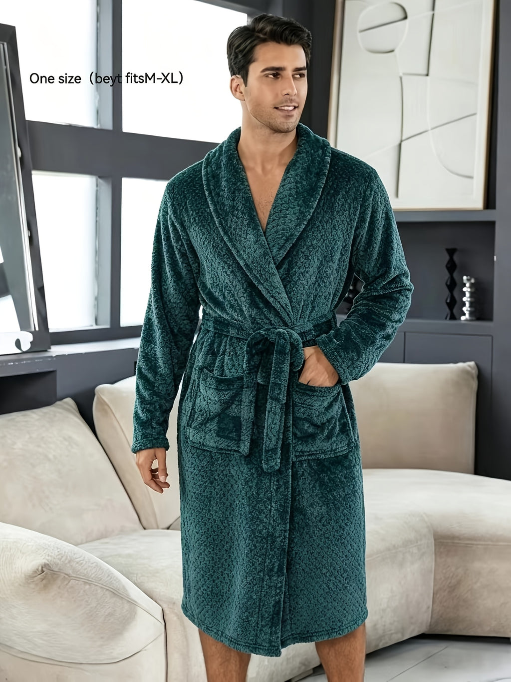 Men's textured fleece bathrobe