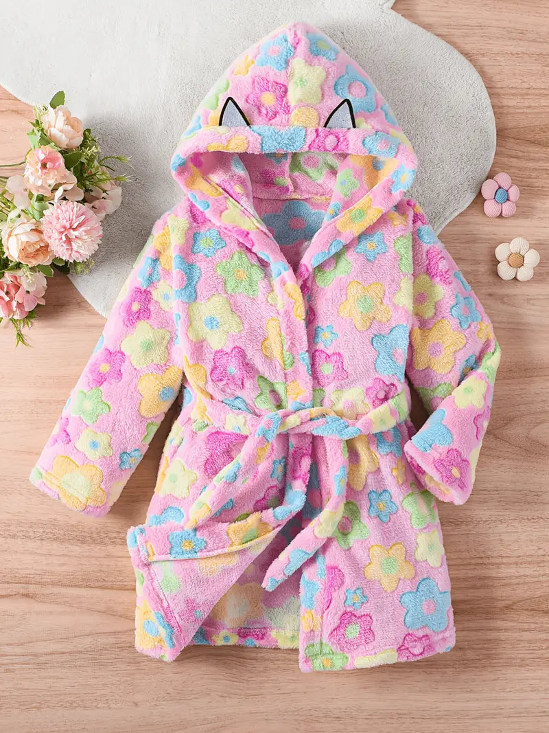 Girls' floral hooded towelling bathrobe — Pink