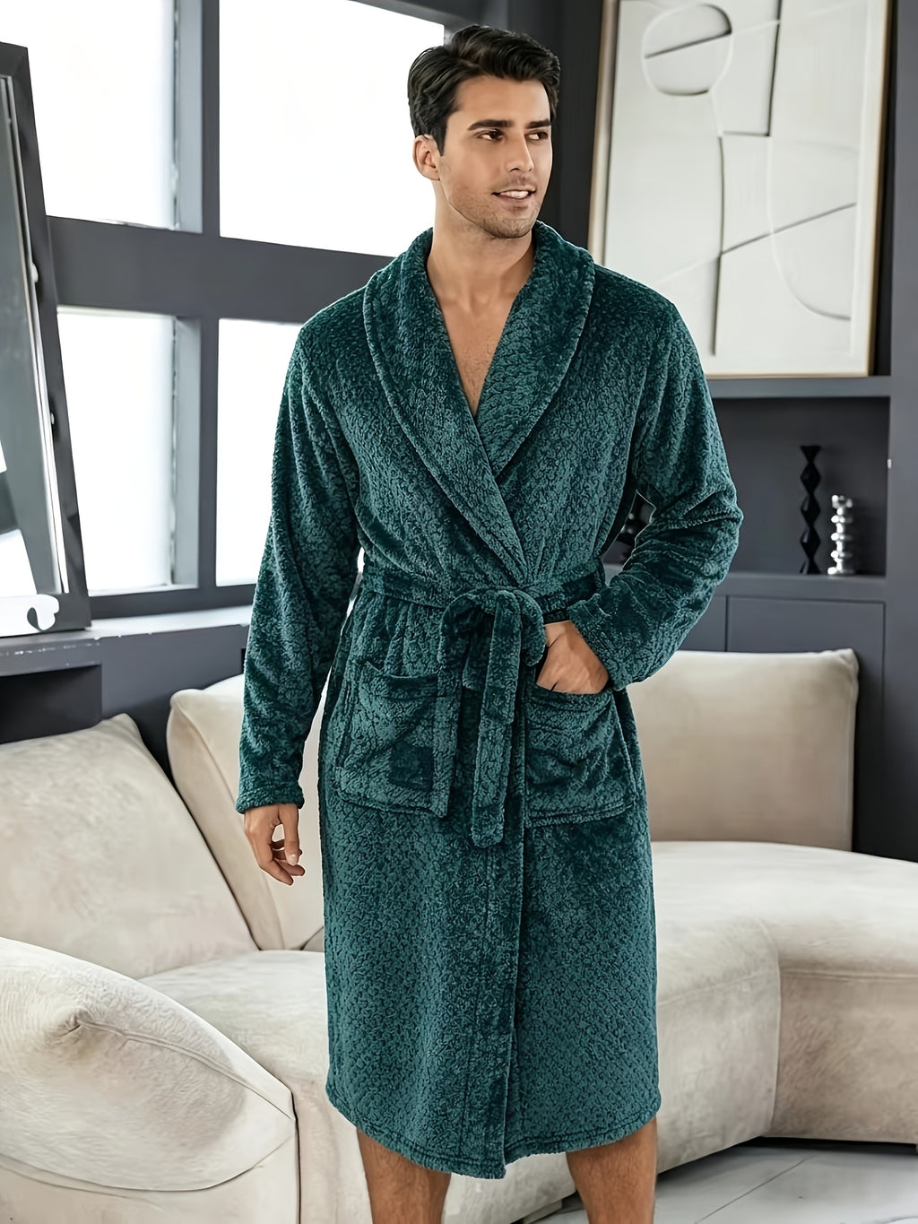 Men's textured fleece bathrobe