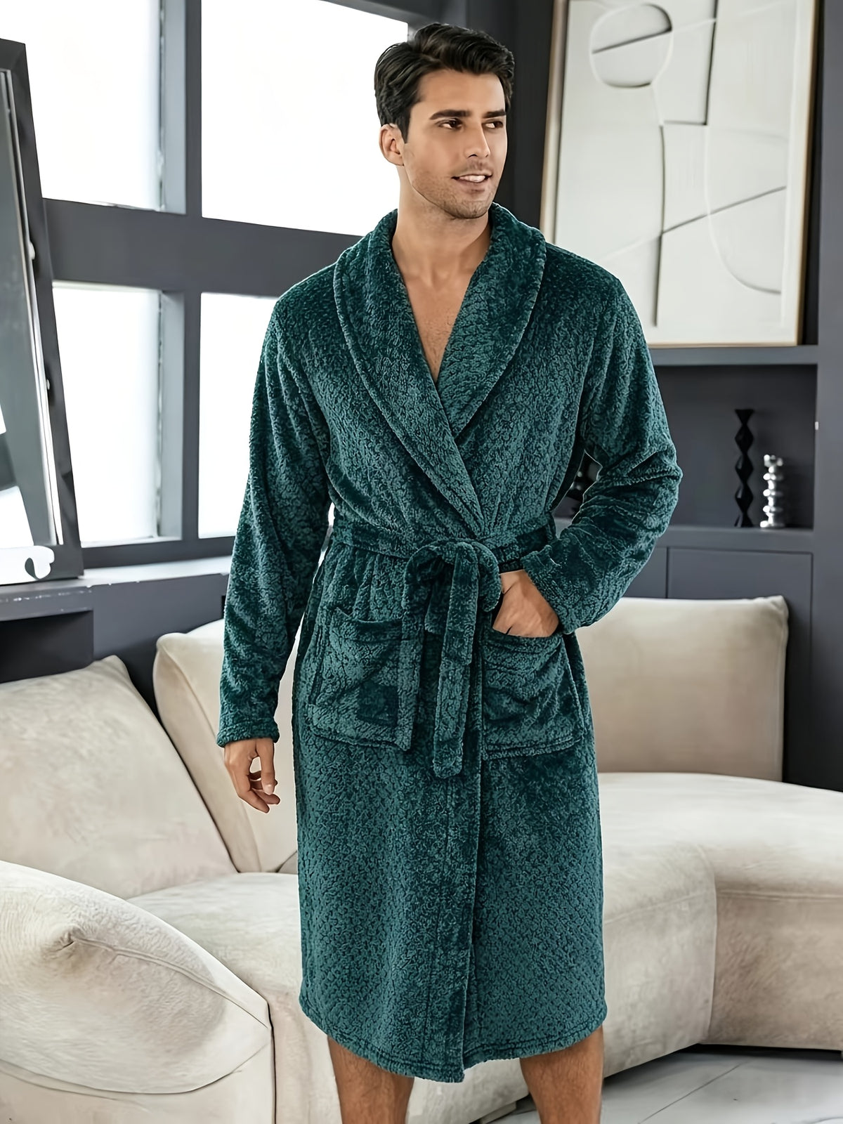 Men's textured fleece bathrobe